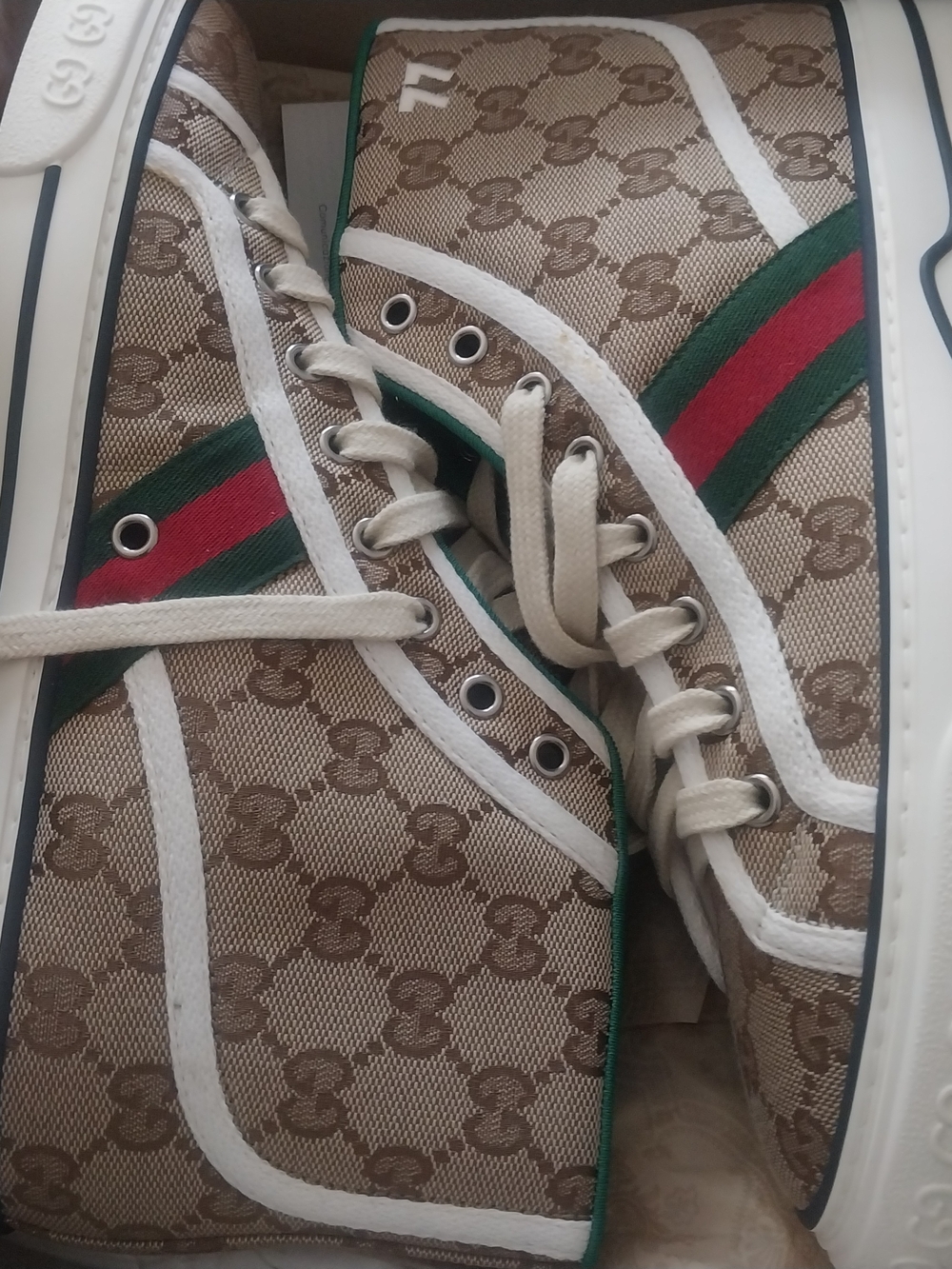 Gucci Women's Beige GG Canvas High-Top Sneakers with Green & Red Web Size 9.5